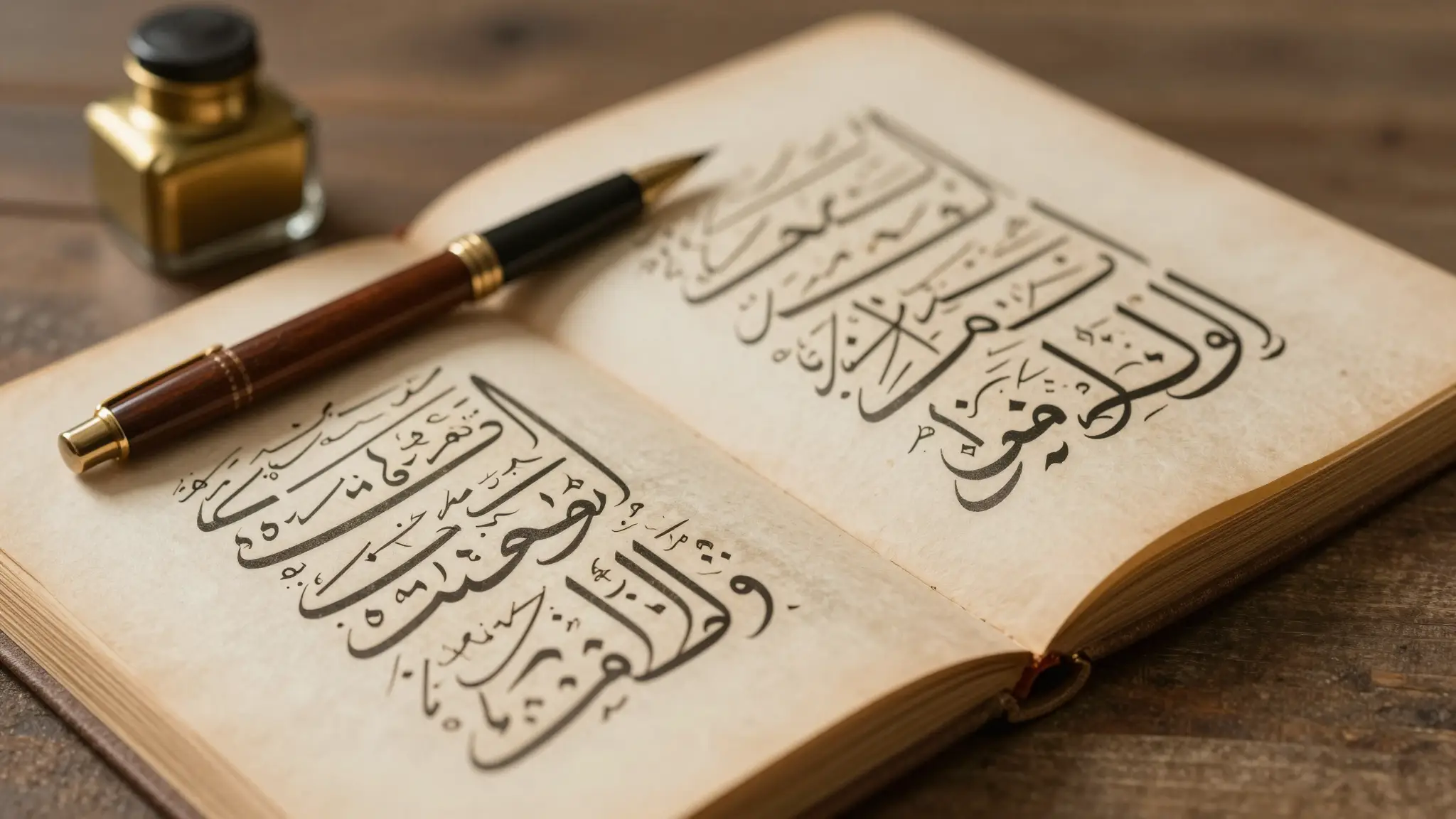 مخطوطة عربية بخط اليد وقلم قصب ومحبرة نحاسية ترمز إلى جمال اللغة العربية والخط العربي